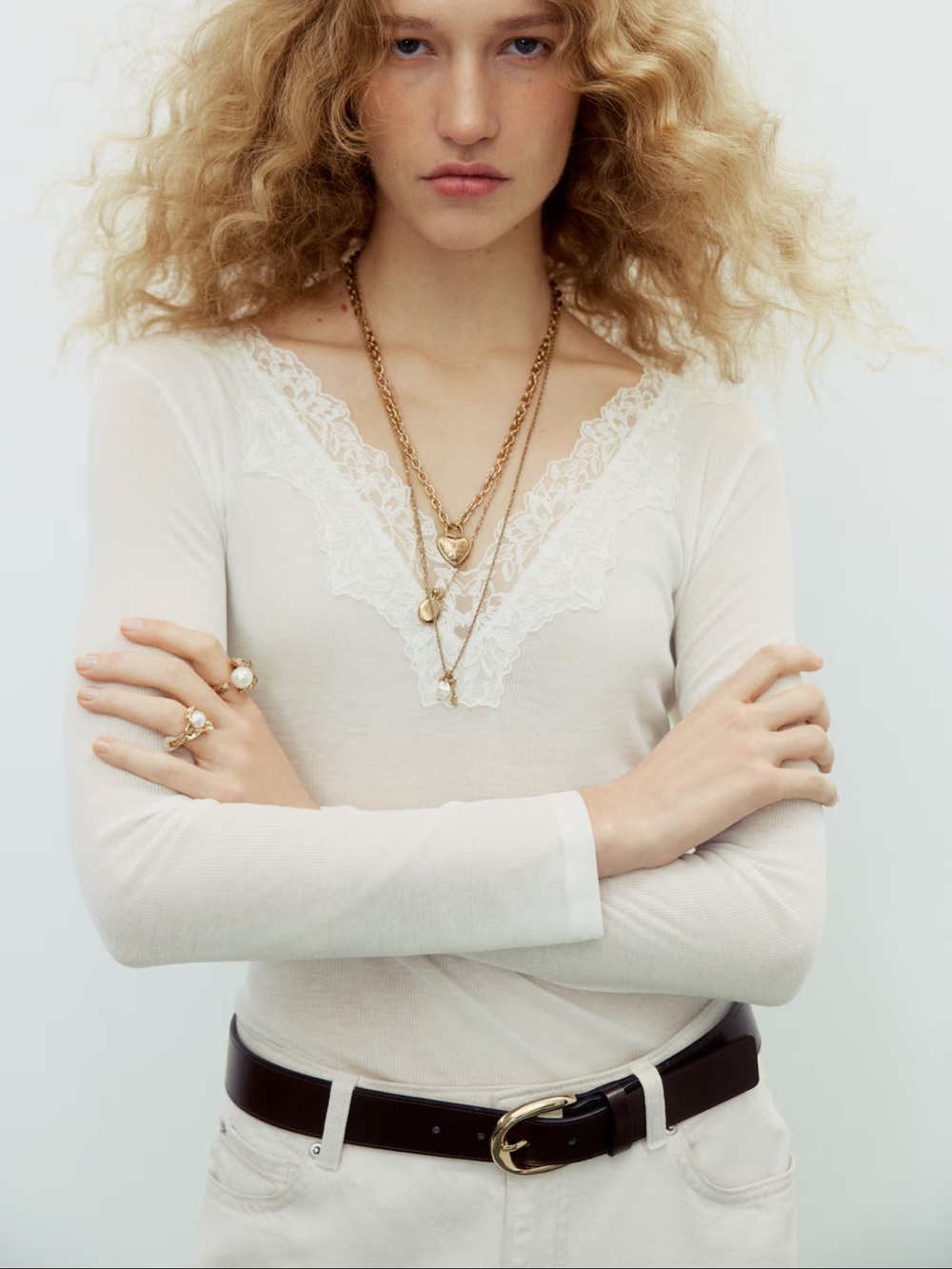 Ivory White Lace-Trim V-Neck Long Sleeve Top